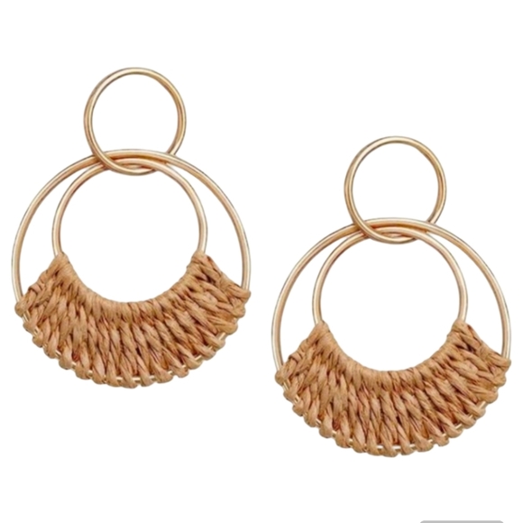 Tan Woven Raffia Gold Hoop Earrings Wicker Hoops Links Post Summer Rattan Style - Picture 2 of 7